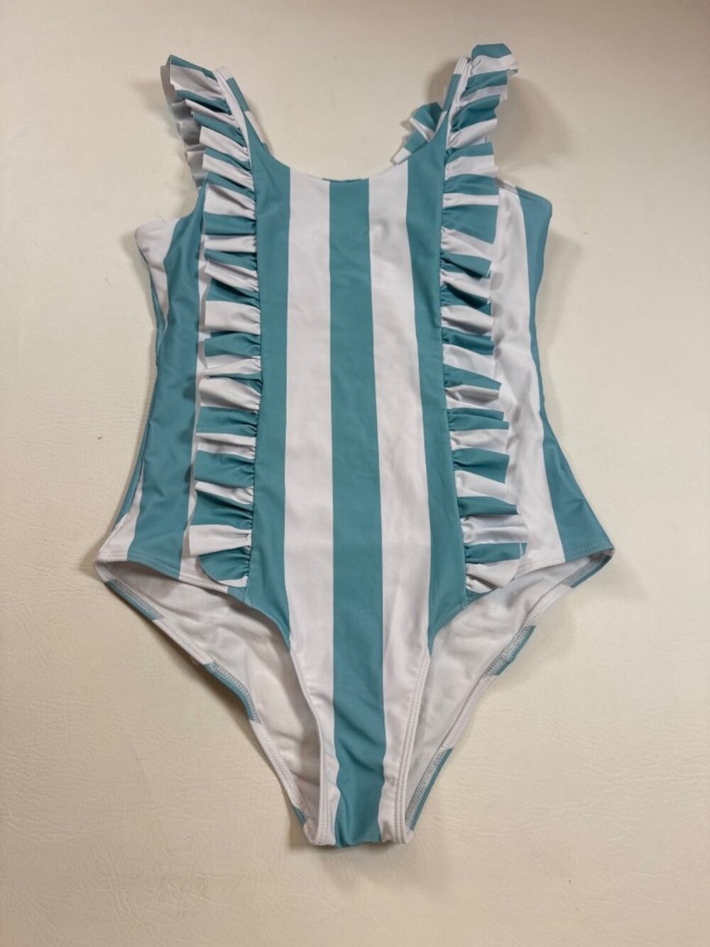 NWOT Dash of Glitter Stripe Ruffle wmn XL One-Piece Swimsuit Teal/White (PP567)